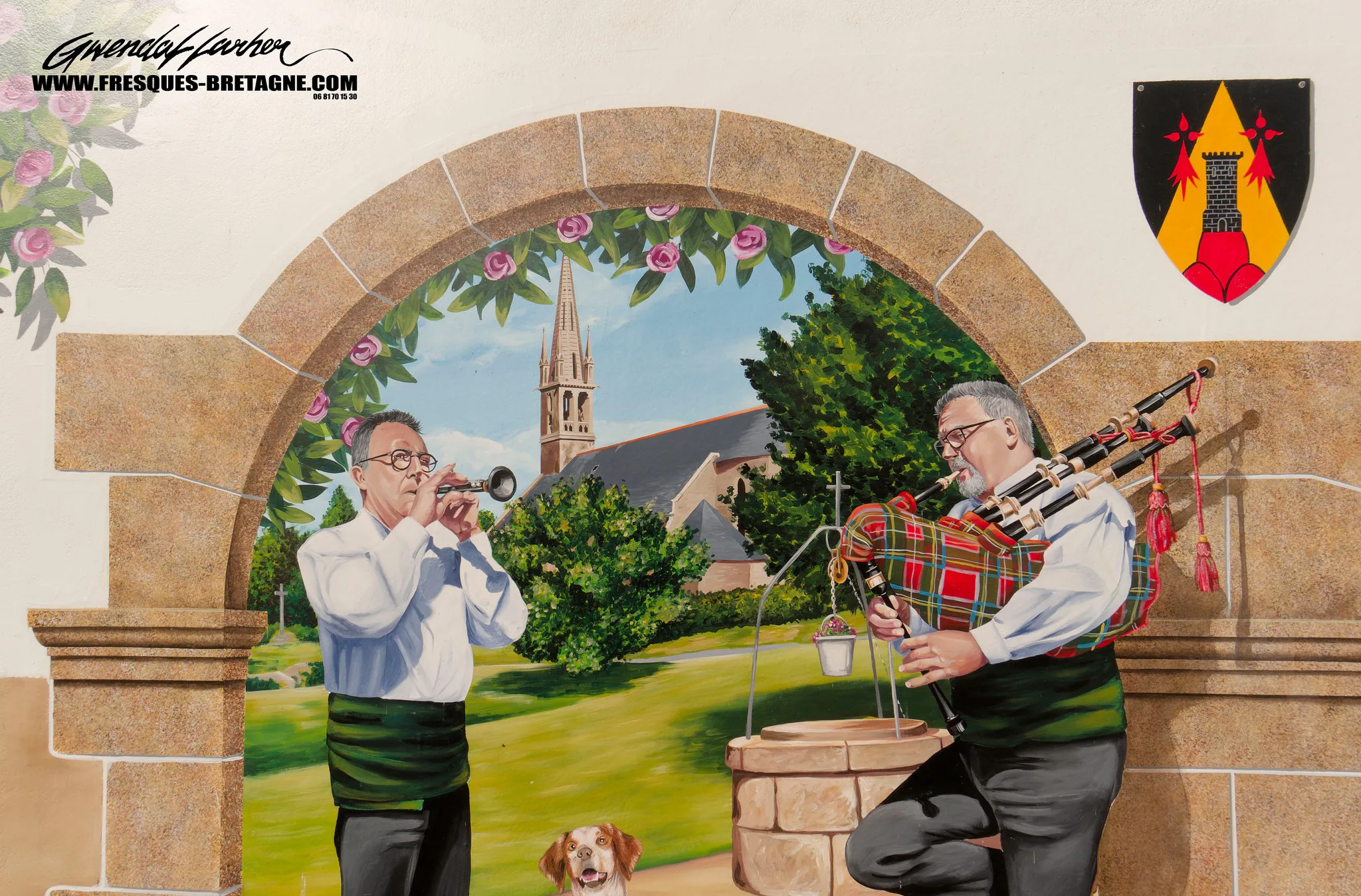 Fresque street art, sonneur de biniou breton, décoration murale à Callac